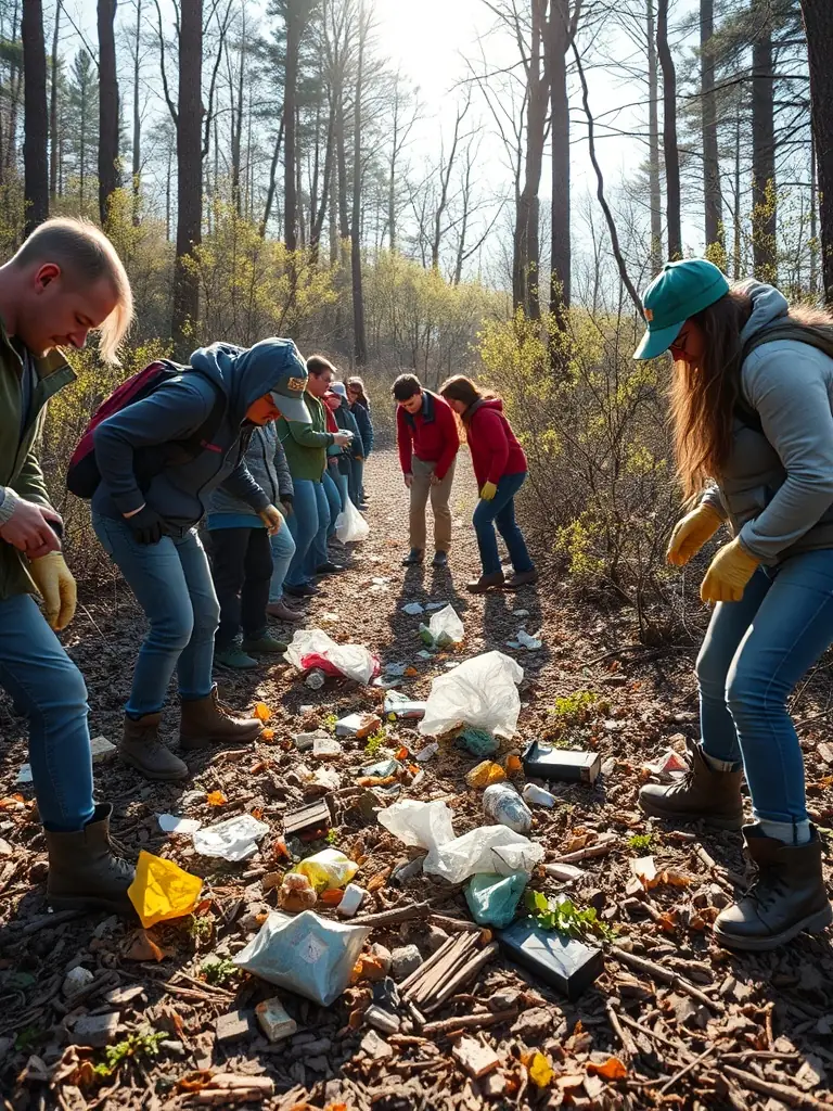 A picture of SOCIETE DE CHASSE DE LA COUZE members participating in a community cleanup event, removing litter and debris from a local forest area.