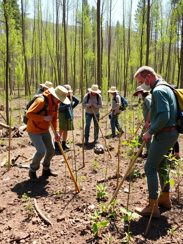 An image of SOCIETE DE CHASSE DE LA COUZE members planting trees as part of a habitat restoration project, emphasizing the organization's commitment to environmental conservation.