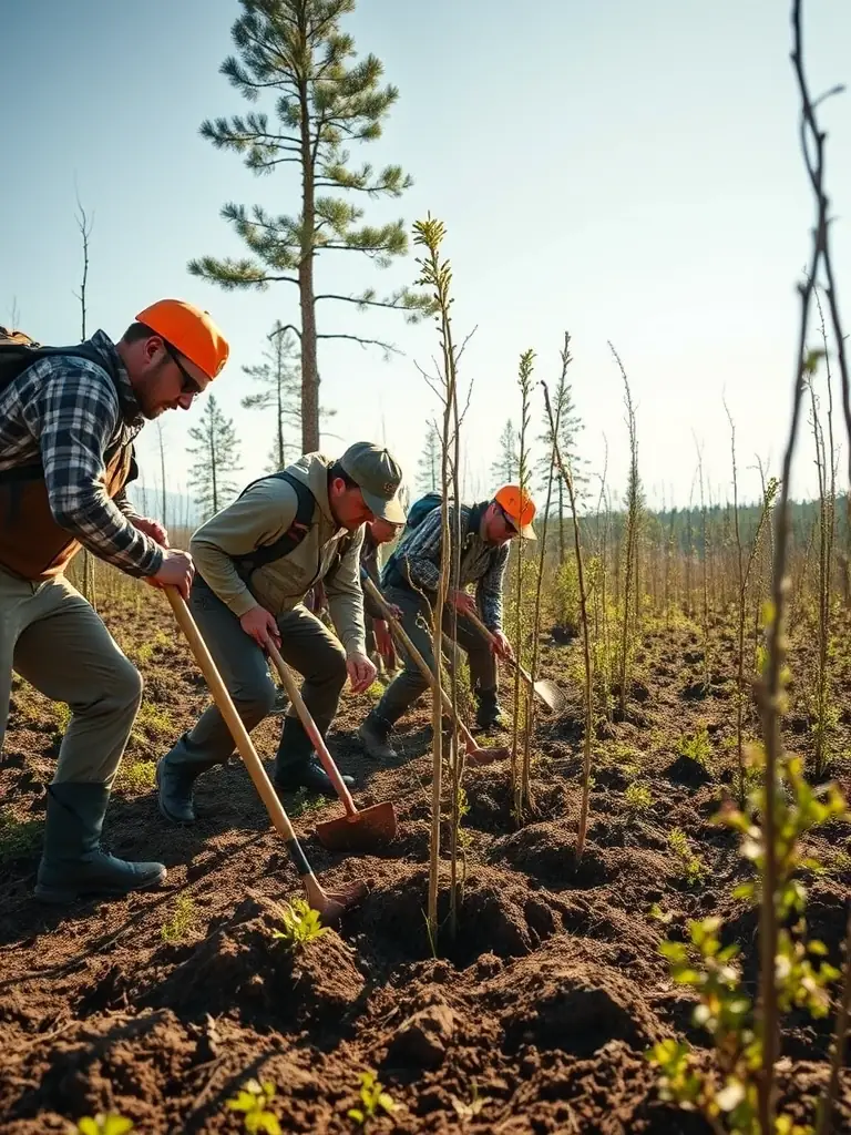 An image showcasing SOCIETE DE CHASSE DE LA COUZE members planting trees and restoring a degraded habitat, emphasizing the organization's commitment to environmental conservation.