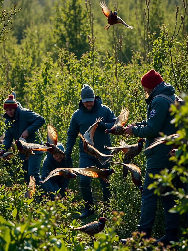 A photograph of hunters in camouflage gear releasing pheasants into a managed hunting area, showcasing wildlife management efforts.