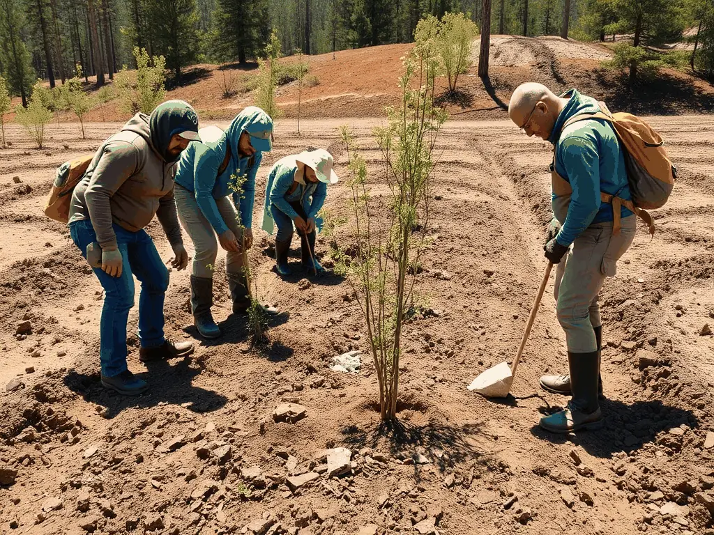 A photograph depicting a group of volunteers planting trees in a deforested area, symbolizing habitat restoration efforts by SOCIETE DE CHASSE DE LA COUZE.