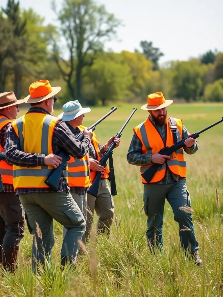 A photograph capturing a group of SOCIETE DE CHASSE DE LA COUZE members participating in a controlled hunt in the French countryside, with a focus on safety and ethical hunting practices.