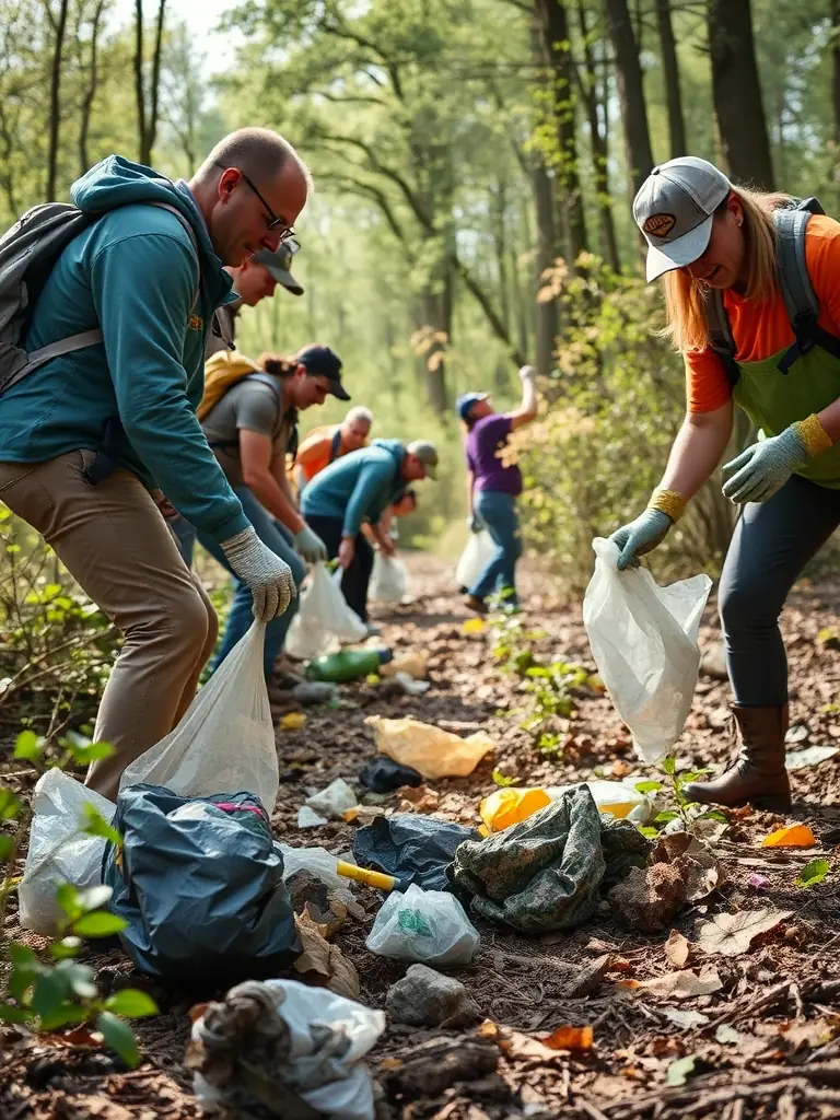 A picture of SOCIETE DE CHASSE DE LA COUZE members cleaning up a local forest area, demonstrating their dedication to preserving natural spaces and reducing environmental impact.