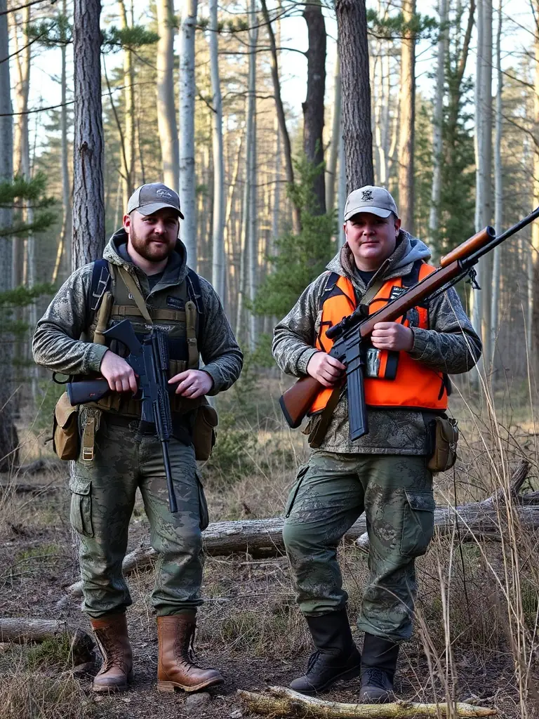 A photograph capturing a group of SOCIETE DE CHASSE DE LA COUZE members participating in a controlled hunt, showcasing responsible wildlife management in a natural setting.