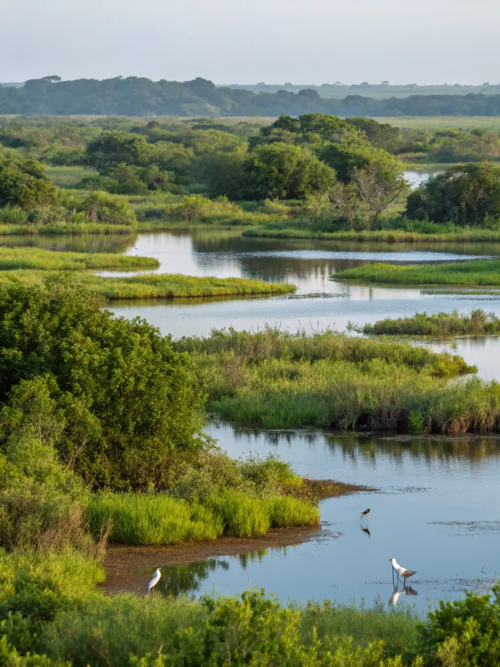 A scenic view of a preserved wetland habitat, with diverse plant life and waterfowl, highlighting habitat preservation initiatives.