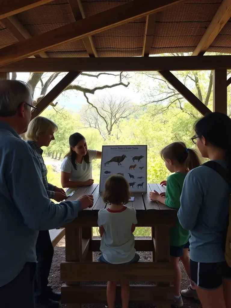 A photo of SOCIETE DE CHASSE DE LA COUZE members conducting a workshop on wildlife conservation for local youth, highlighting the organization's educational outreach.